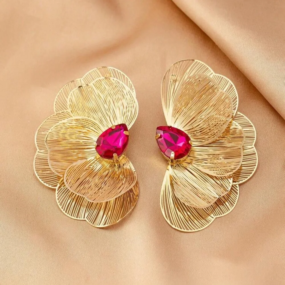 Gold Metal Flower Earrings Pink Stone Delicate Petals Jumbo Garden Jewelry NEW